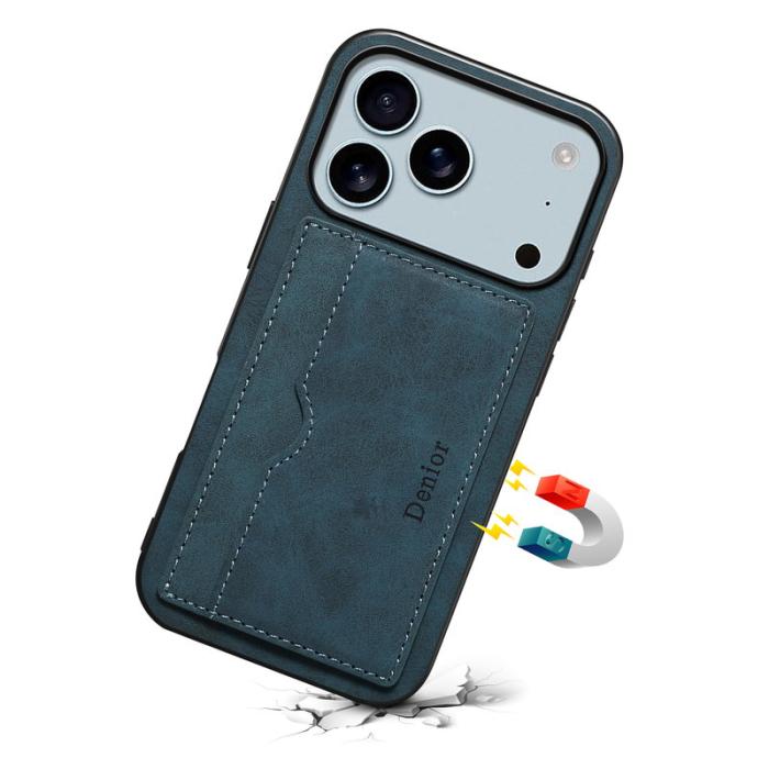DENIOR - DENIOR iPhone 17 Pro Fodral Kortfack Ställ i Läder - Blå