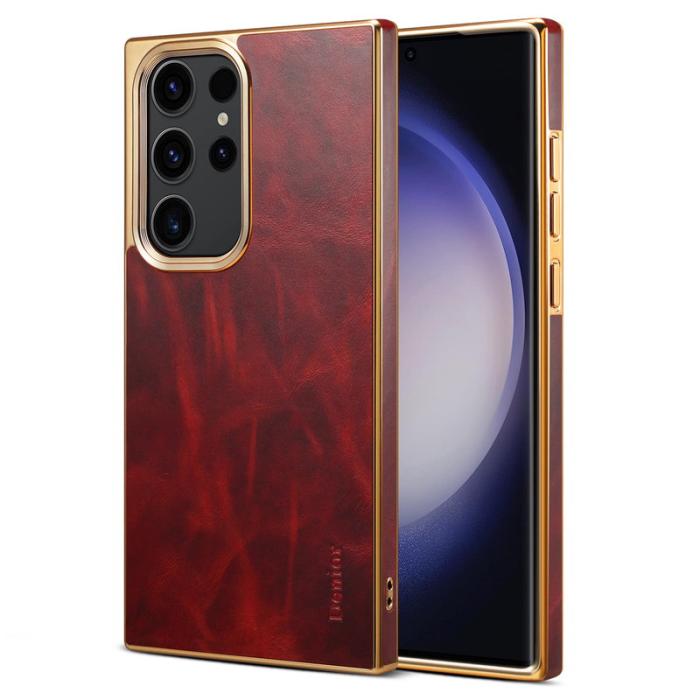 DENIOR - DENIOR Samsung Galaxy S23 Ultra Fodral Äkta Läder + PC + TPU Röd