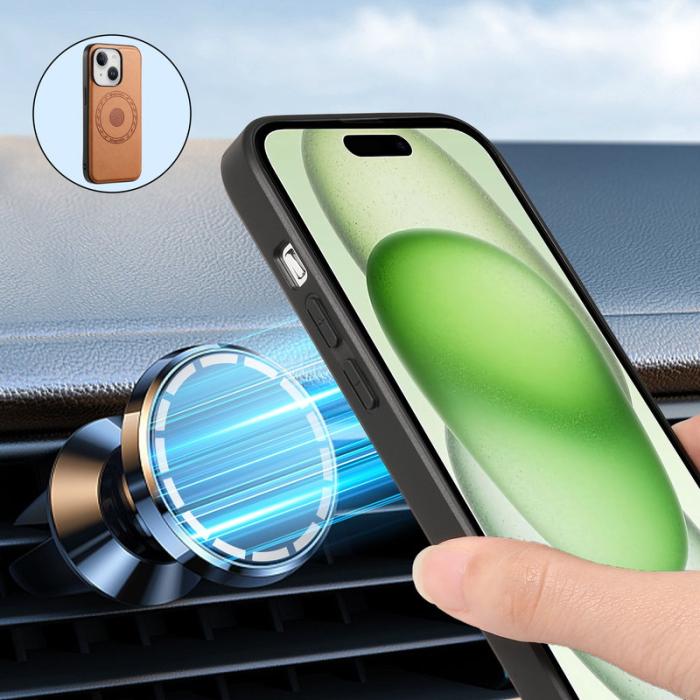 DENIOR - DENIOR iPhone 15 Skal i äkta läder med magnet - Khaki