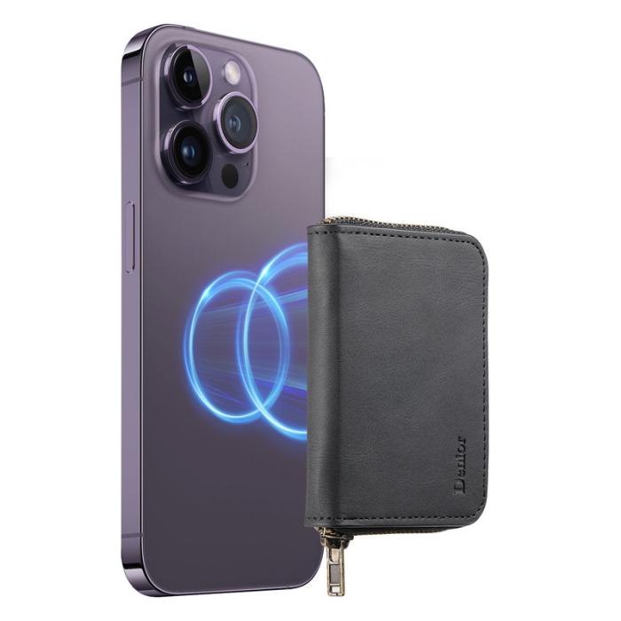 DENIOR - DENIOR V17 Kortfodral MagSafe Äkta Läder Ställ - Svart