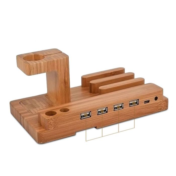 OEM - Desktop Bamboo 4-port USB-laddningsstation med Apple Watch-ställning