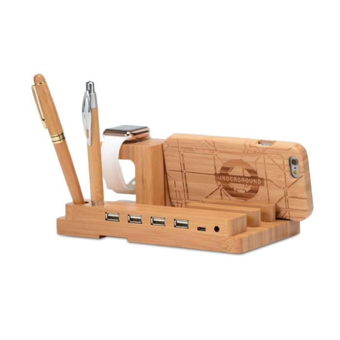OEM - Desktop Bamboo 4-port USB-laddningsstation med Apple Watch-ställning