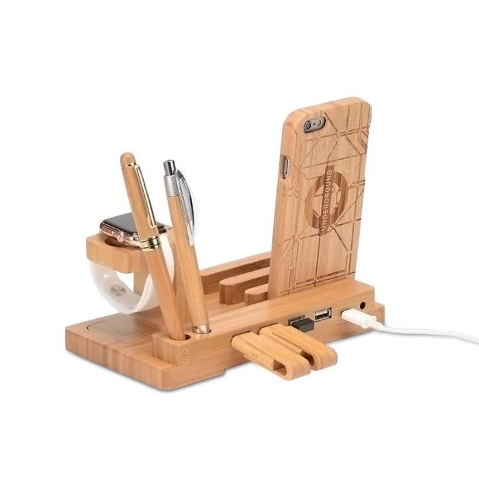 OEM - Desktop Bamboo 4-port USB-laddningsstation med Apple Watch-ställning