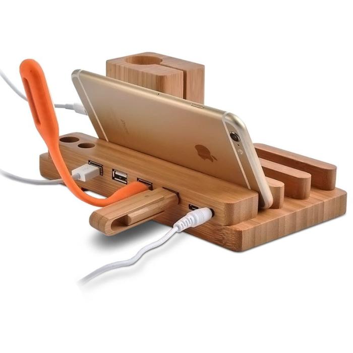 OEM - Desktop Bamboo 4-port USB-laddningsstation med Apple Watch-ställning