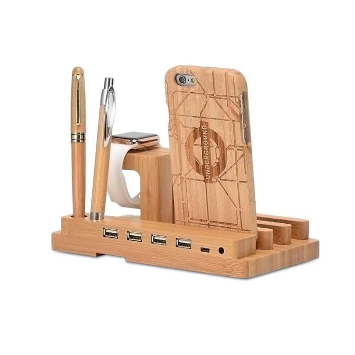 OEM - Desktop Bamboo 4-port USB-laddningsstation med Apple Watch-ställning