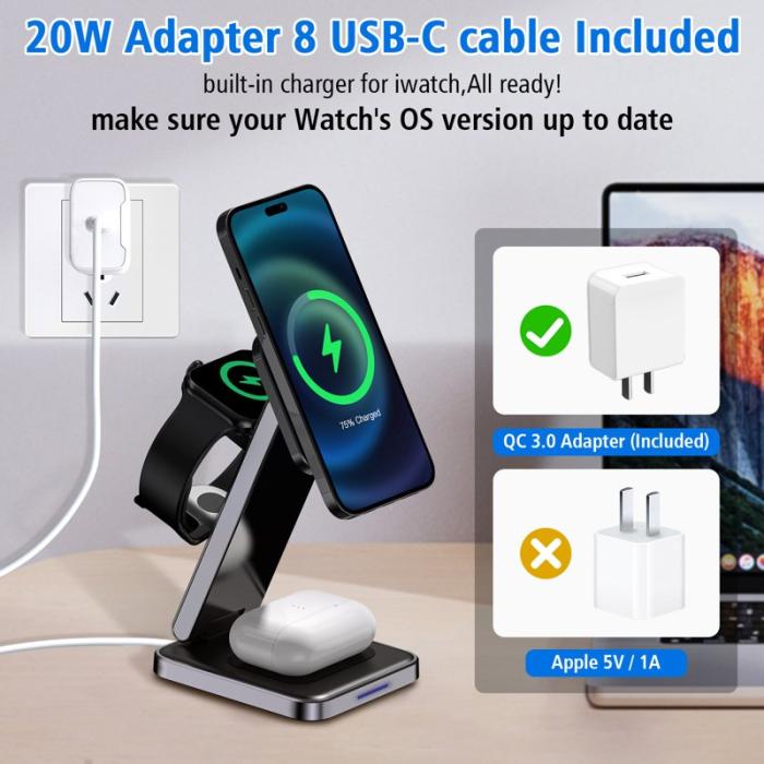 OEM - DH11 3-i-1 Fällbar Laddningsställ för Telefon, Klocka, Hörlurar, Zinklegering