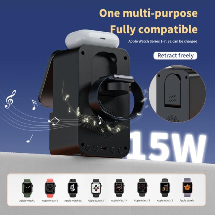 OEM - DH19 5-i-1 Bluetooth-högtalare och trådlös laddare för Apple Watch - Svart