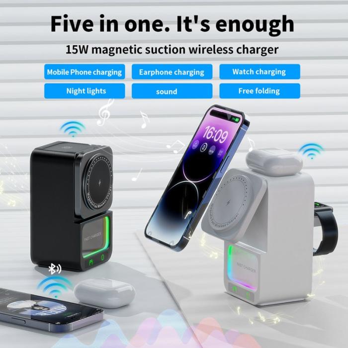 OEM - DH19 5-i-1 Bluetooth-högtalare och trådlös laddare för Apple Watch - Svart