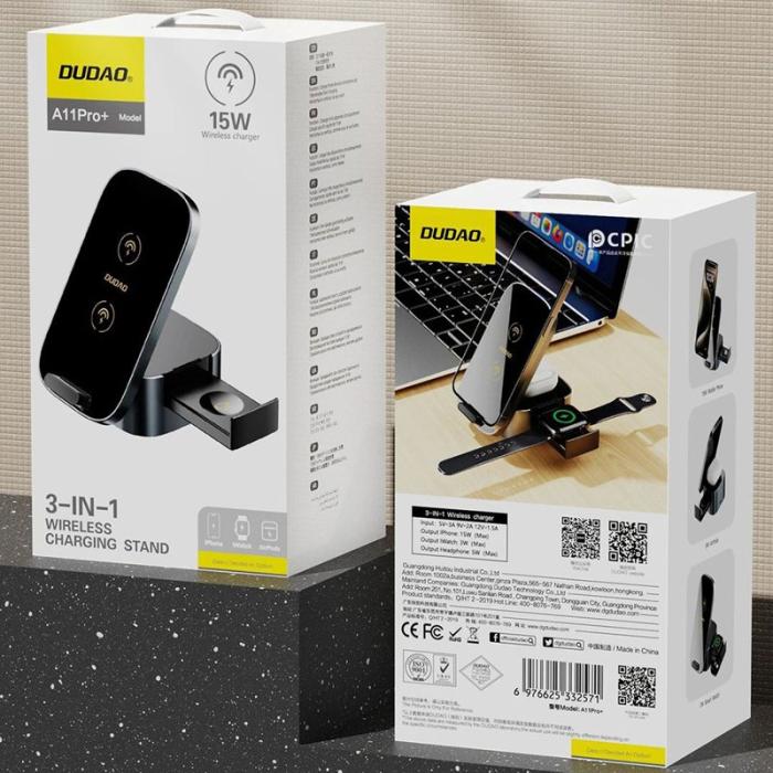 OEM - DUDAO A11Pro+ 3-i-1 Trådlös Laddare för Telefon, Klocka, Hörlurar, Svart