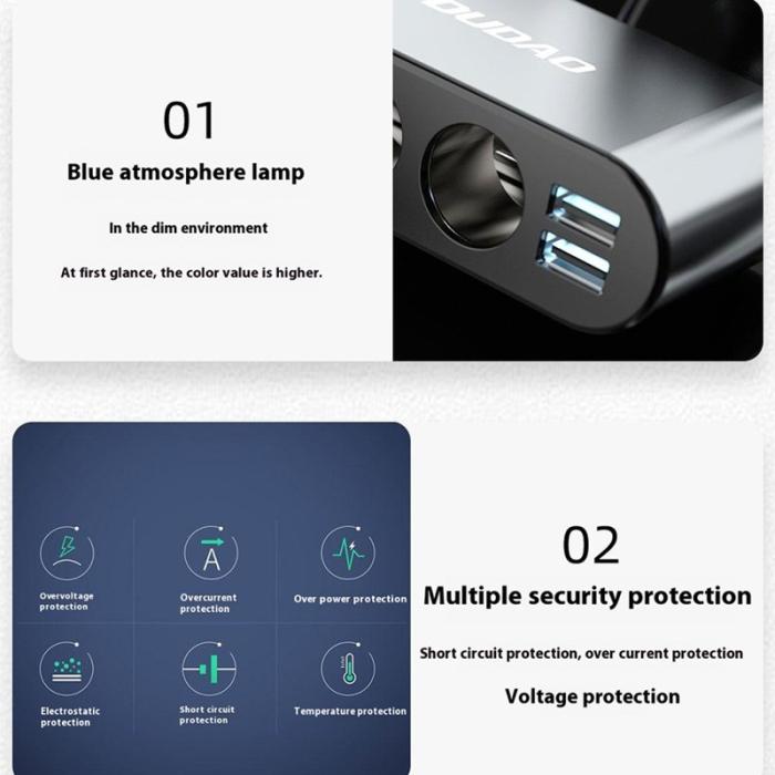 OEM - DUDAO R1Pro 80W Billaddare 2 USB-portar + 3 Cigarette Lighter Uttag