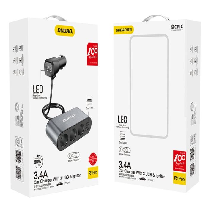 OEM - DUDAO R1Pro 80W Billaddare 2 USB-portar + 3 Cigarette Lighter Uttag