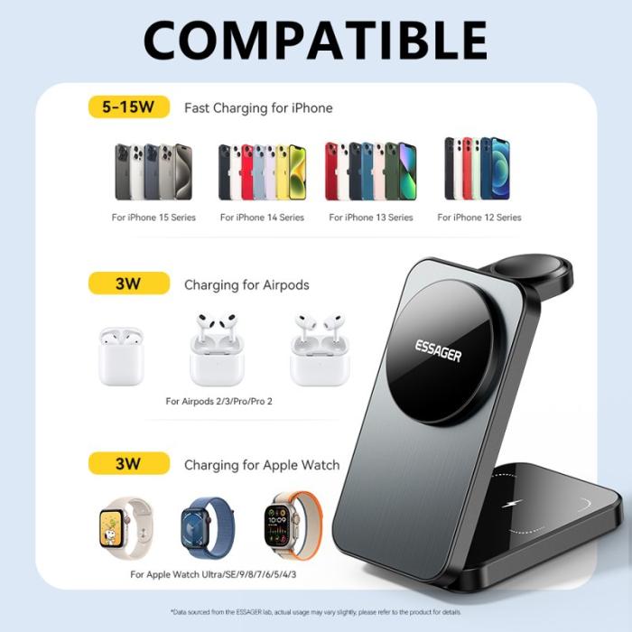 OEM - ESSAGER 15W Bordsladdare 3-i-1 Magnetisk för Telefon / Hörlurar / Smartklocka