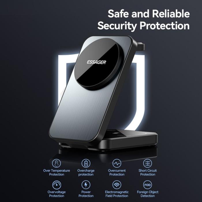 OEM - ESSAGER 15W Bordsladdare 3-i-1 Magnetisk för Telefon / Hörlurar / Smartklocka