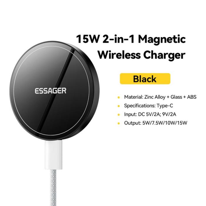 OEM - ESSAGER 2-i-1 Magnetisk Trådlös Laddare 15W Snabbladdning Slim Design
