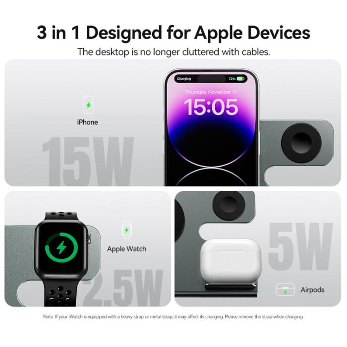 OEM - ESSAGER 3-i-1 15W Magnetisk Trådlös Laddare för Telefon, Hörlurar, Smartklocka
