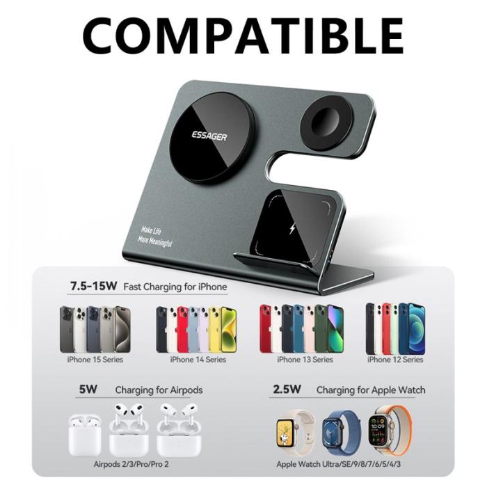 OEM - ESSAGER 3-i-1 15W Magnetisk Trådlös Laddare för Telefon, Hörlurar, Smartklocka