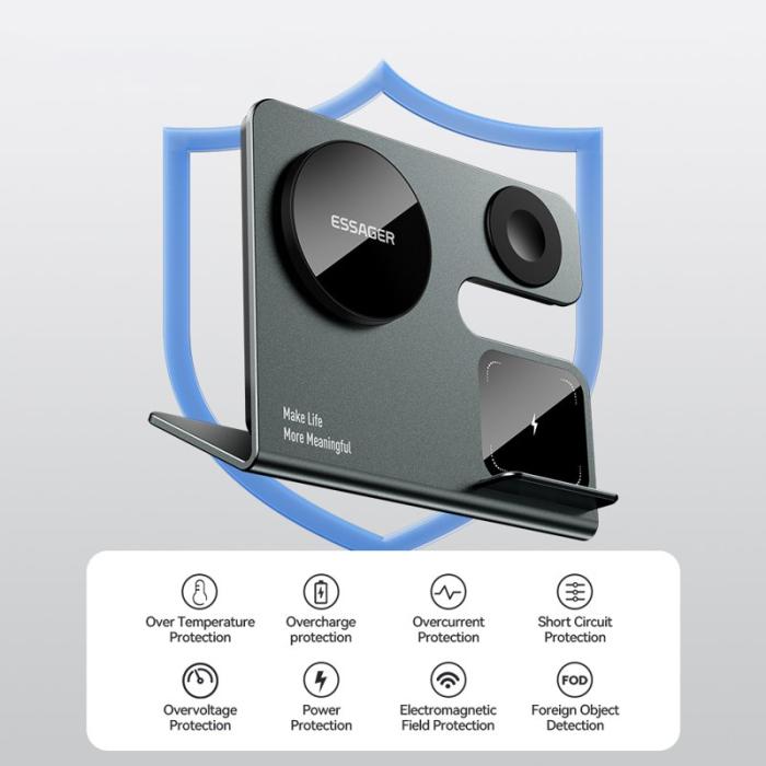 OEM - ESSAGER 3-i-1 15W Magnetisk Trådlös Laddare för Telefon, Hörlurar, Smartklocka
