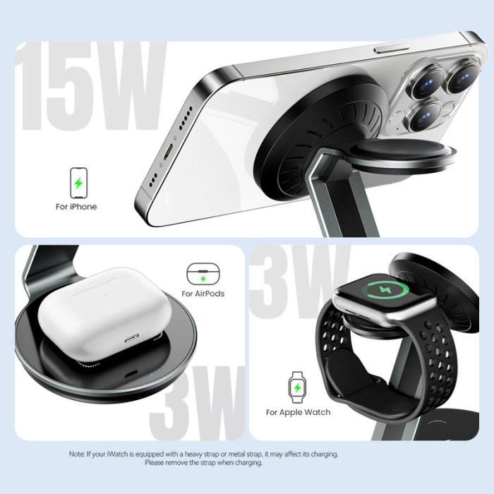 OEM - ESSAGER 3-i-1 Laddningsplatta 15W Trådlös Laddare med Ställning