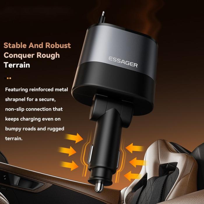 OEM - ESSAGER 45W Snabbladdare för bil med Type C + iP utdragbara kablar