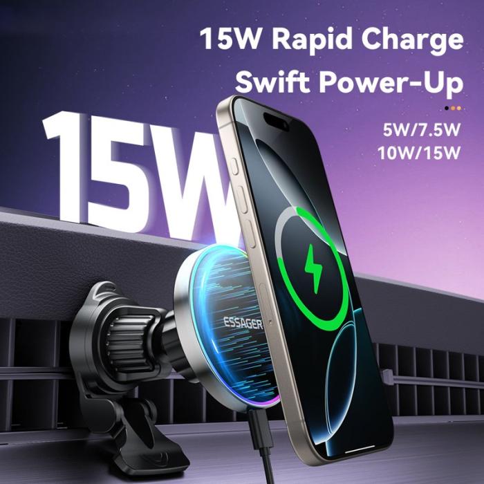 OEM - ESSAGER Bilventilationsmagnetisk trådlös laddare med RGB-belysning 15W
