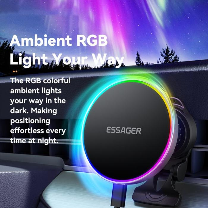 OEM - ESSAGER Bilventilationsmagnetisk trådlös laddare med RGB-belysning 15W