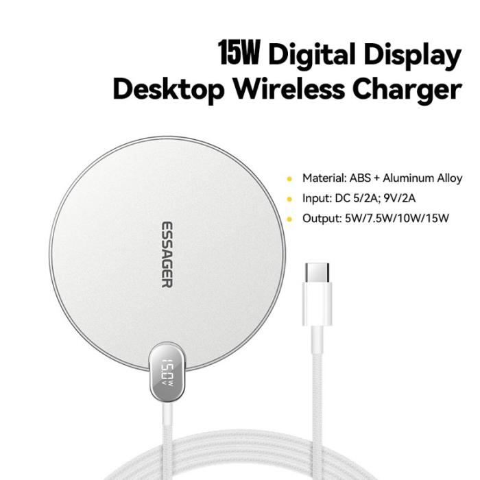 OEM - ESSAGER ES-WX15 Trådlös laddare 15W Snabbladdning Digital display - Vit