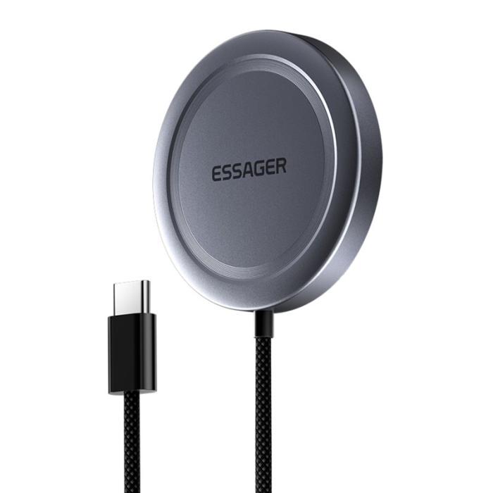 OEM - ESSAGER 15W Snabbladdare Aluminium + PC Magnetisk Trådlös Laddare - Grå