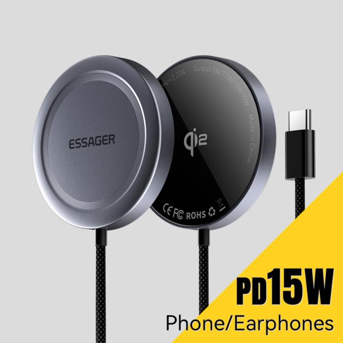 OEM - ESSAGER 15W Snabbladdare Aluminium + PC Magnetisk Trådlös Laddare - Grå