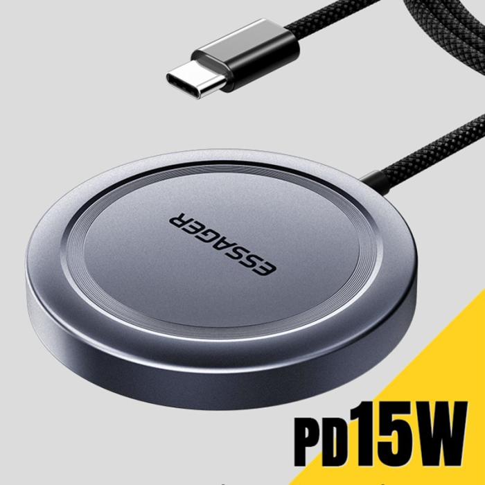 OEM - ESSAGER 15W Snabbladdare Aluminium + PC Magnetisk Trådlös Laddare - Grå