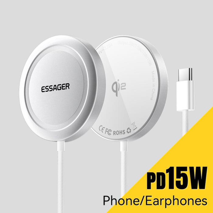 OEM - ESSAGER 15W Snabbladdare i aluminium + PC Magnetisk trådlös laddare - Silver