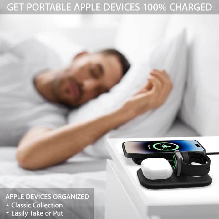 OEM - F20P 3-i-1 trådlös laddare för iPhone, Apple Watch, AirPods - Svart