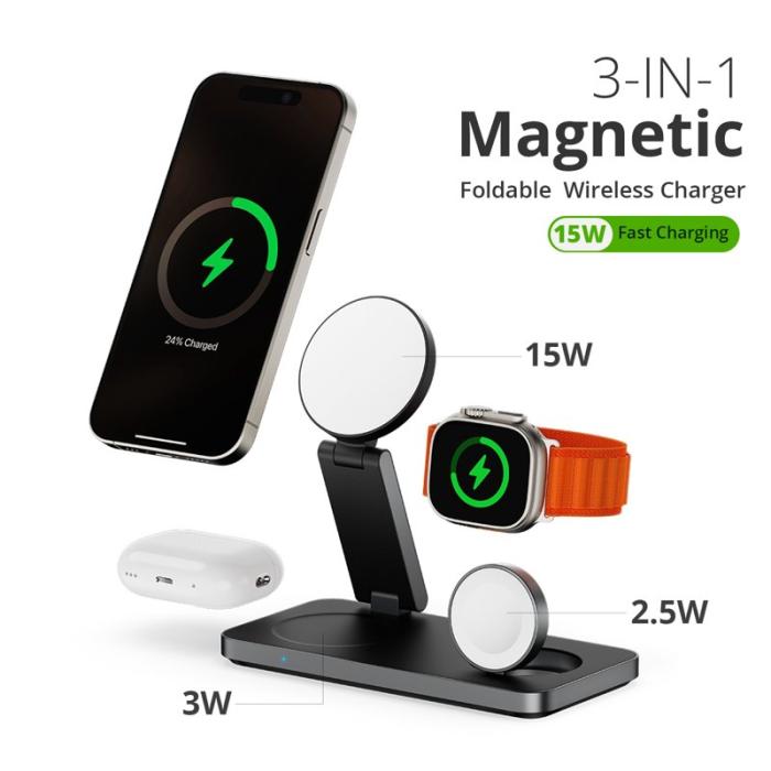 OEM - F8 3-i-1 Laddningsställ för iPhone/iWatch/AirPods, Fällbart, Magnetiskt