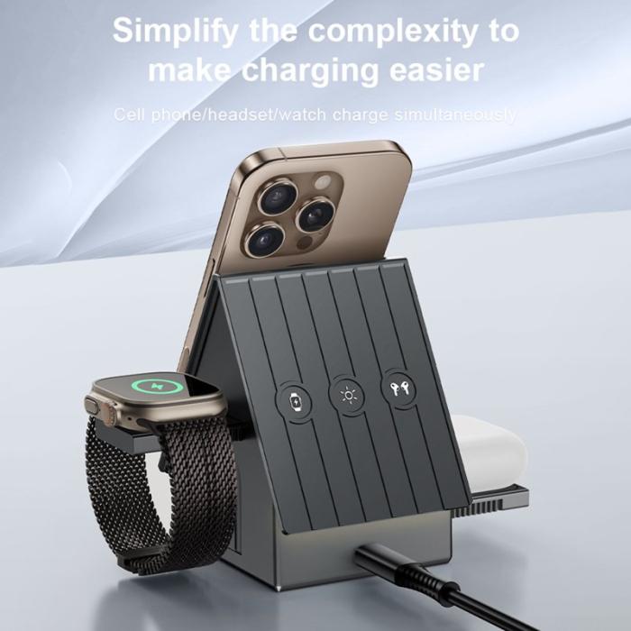 OEM - G68 3-i-1 Trådlös Laddare för Klocka/Telefon/Öronproppar 15W - Mörkgrå