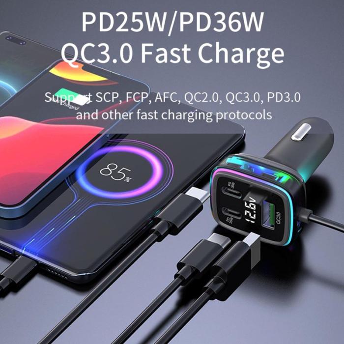 OEM - GC05 Kabel Cigarette Lighter Splitter Billaddare med flera Type-C USB-utgångar