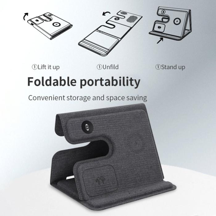 OEM - GY-17AIR 3-i-1 PU-läder Fällbar Trådlös Laddare för Telefon, Klocka, Hörlurar