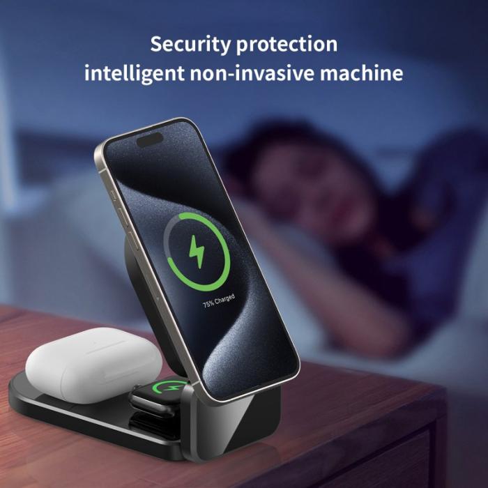 OEM - H09 3-i-1 skrivbordsladdare för klocka, hörlurar och mobil - Silver