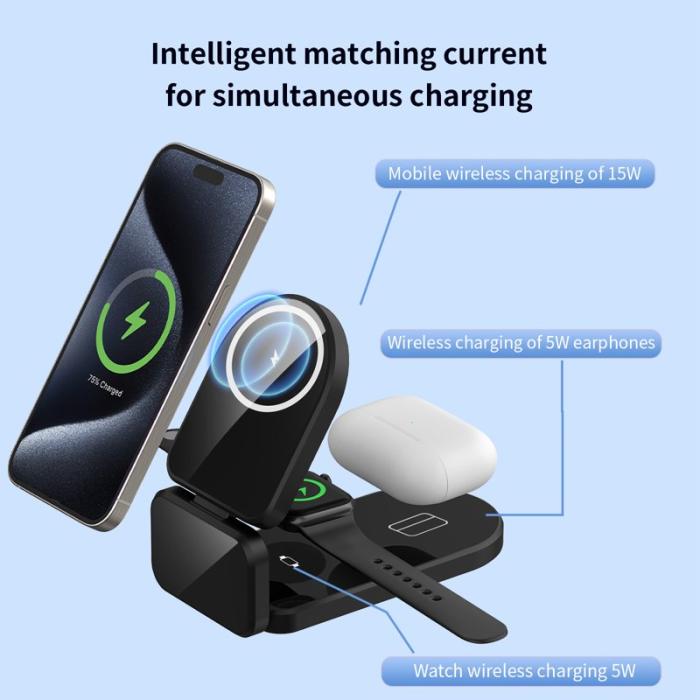 OEM - H09 3-i-1 skrivbordsladdare för klocka, hörlurar och mobil - Svart