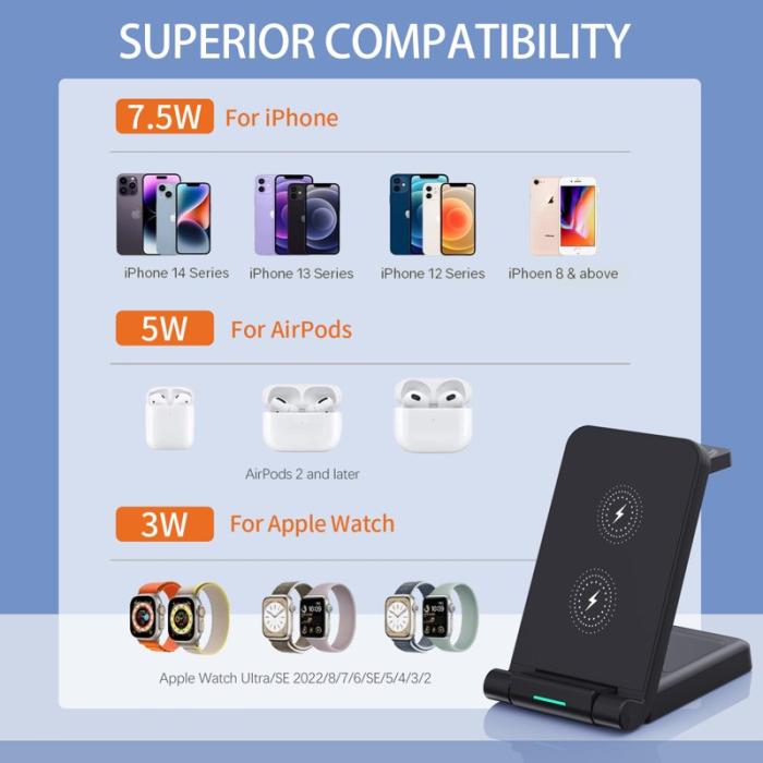 OEM - H23 Trådlös laddningsstation 3-i-1 Fällbar för iPhone, iWatch, AirPods