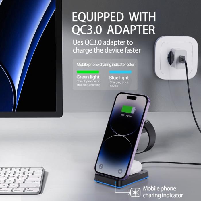 OEM - H24 Multifunktionell 15W Trådlös Telefonladdare för Klocka och Hörlurar