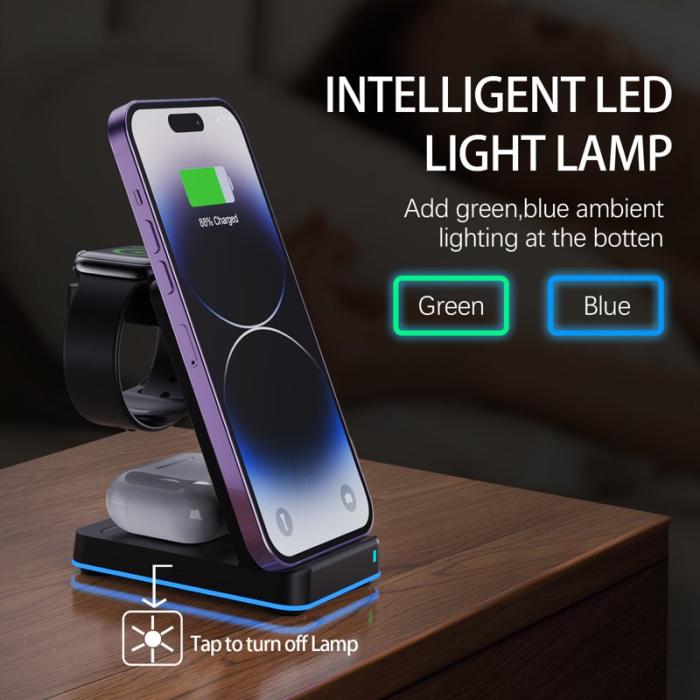 OEM - H24 Multifunktionell 15W Trådlös Telefonladdare för Klocka och Hörlurar