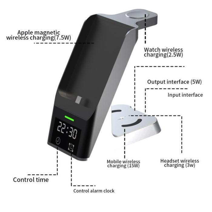 OEM - H26 Magnetisk Trådlös Laddare 6-i-1 Laddningsstation 15W med Klocka