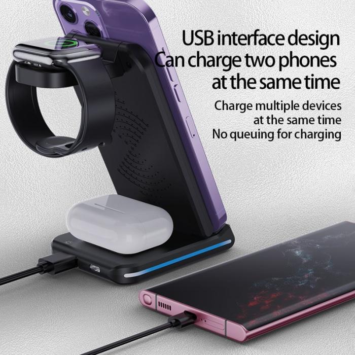 OEM - H28 Fällbar Multifunktionell 5-i-1 15W Trådlös Laddare - Svart