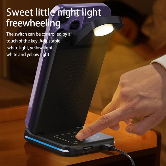 OEM - H28 Fällbar Multifunktionell 5-i-1 15W Trådlös Laddare - Svart