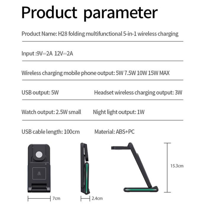 OEM - H28 Fällbar Multifunktionell 5-i-1 15W Trådlös Laddare - Svart