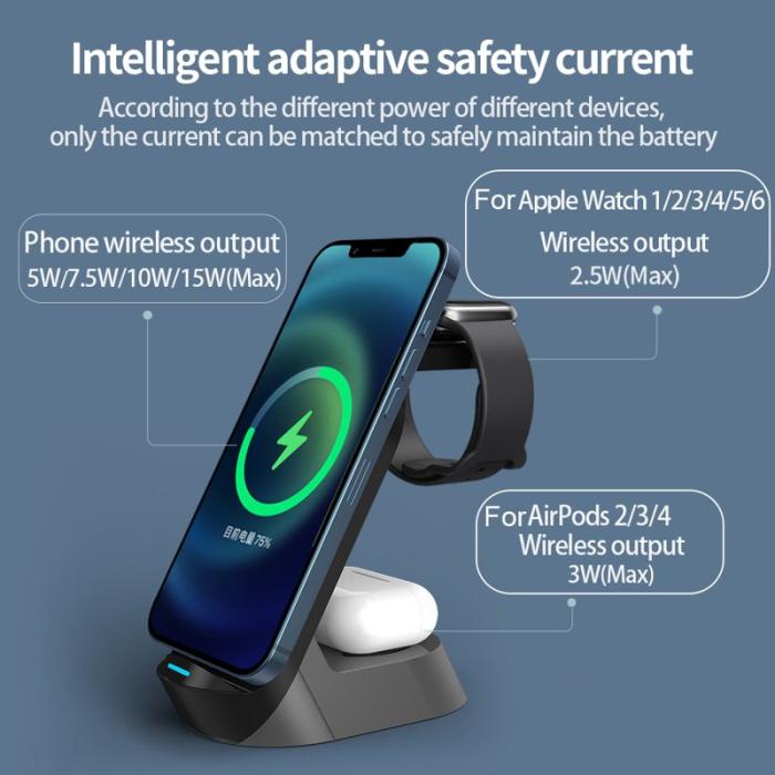 OEM - H30 3-i-1 15W Trådlös Laddare Ställ för iWatch, AirPods, Mobiltelefoner