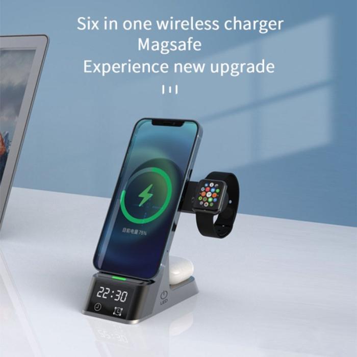 OEM - H35 6-i-1 Magnetisk Trådlös Laddningsstation 15W med Alarmklocka svart