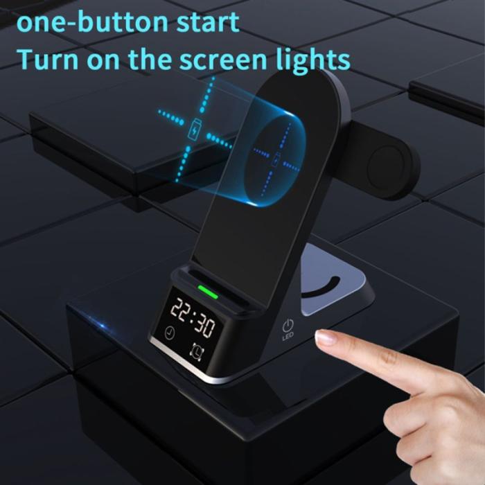 OEM - H35 6-i-1 Magnetisk Trådlös Laddningsstation 15W med Alarmklocka svart