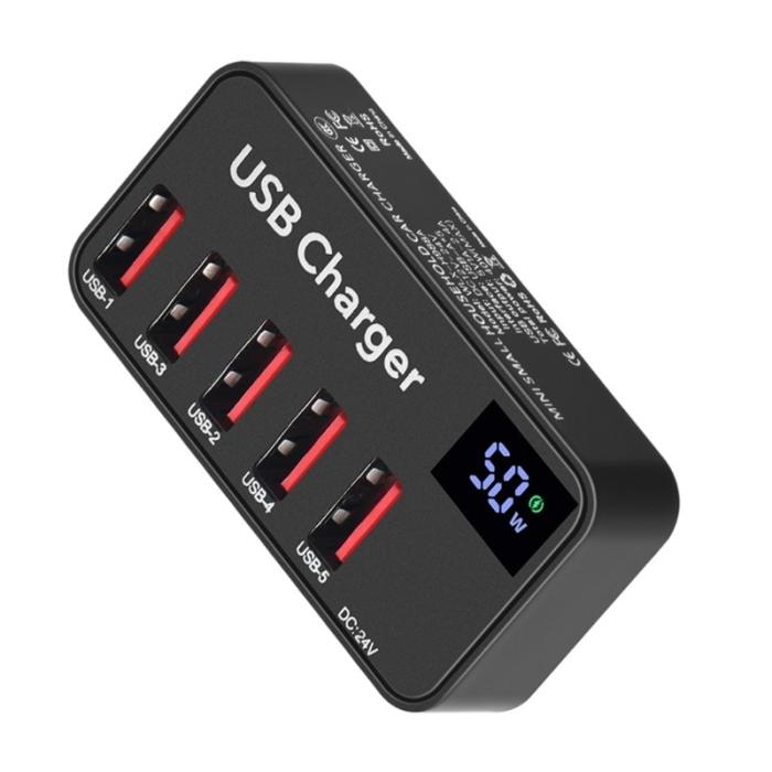 OEM - 50W Smart USB-laddare med digital display, 5 portar, EU-kontakt