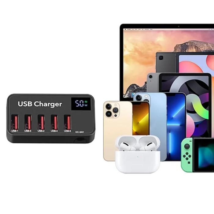 OEM - 50W Smart USB-laddare med digital display, 5 portar, EU-kontakt