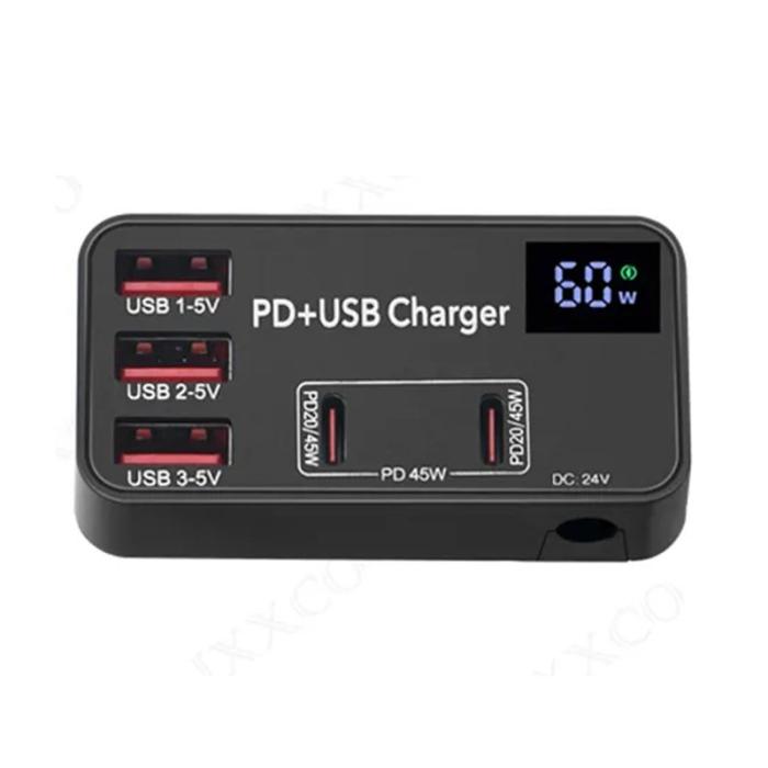 OEM - H988B Snabbladdare med 3 USB + 2 Type-C PD, digital display, EU-plugg